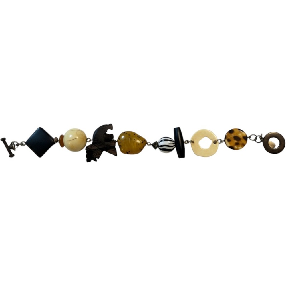 Safari Mixed Media Beaded Bracelet Carved Wood Lion Animal Print Toggle Clasp